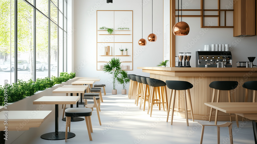 Obraz premium 内装で温かみのあるカフェまたはレストランの内装