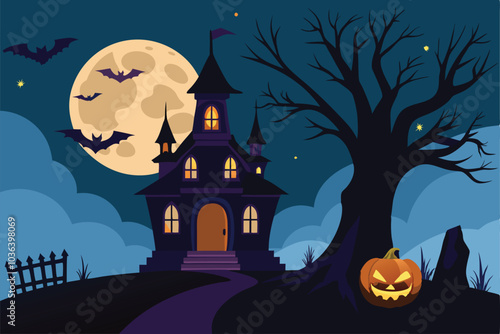 halloween background with hunted house and trees - Generative AI