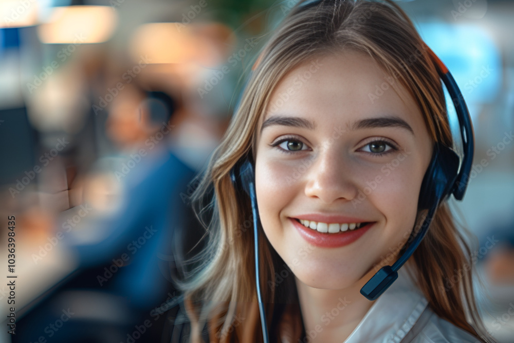 Beautiful young woman, a customer service and telemarketing remote support agent, wearing a headset in a call center office, Generative AI
Beautiful young woman, a customer service and telemarketing remote support agent, wearing a headset in a call center office, Generative AI