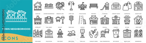 Town Neighborhood icon. House, Suburban Neighborhood, Residential Area, Street Lamp and School Building