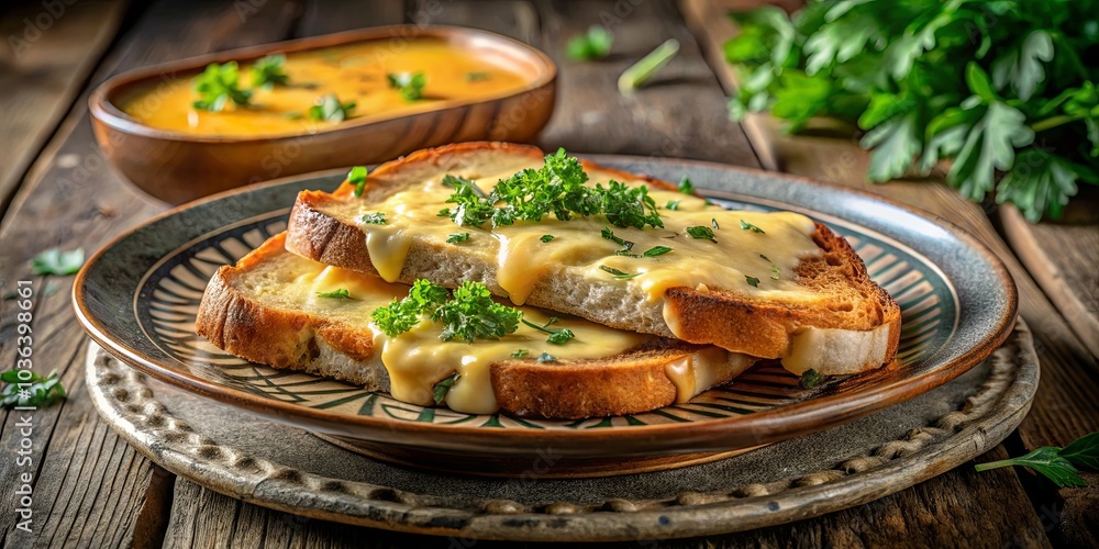 Melted Cheese and Toasted Bread with a Side of Greenery, Displayed on a Rustic Table Melted Cheese and Toasted Bread with a Side of Greenery, Displayed on a Rustic Table
