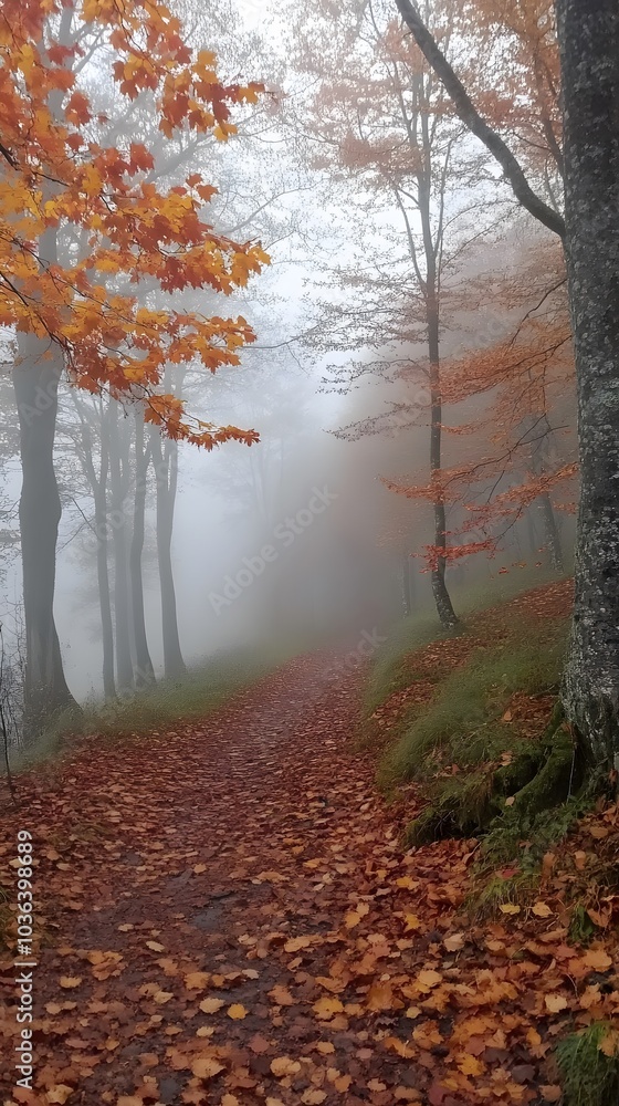 2. A misty forest in autumn, leaves turning vibrant shades of orange, red, and gold