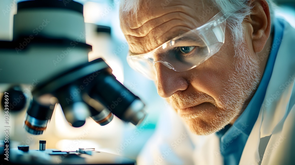 Close-up of a Senior Scientist Using a Microscope Close-up of a Senior Scientist Using a Microscope