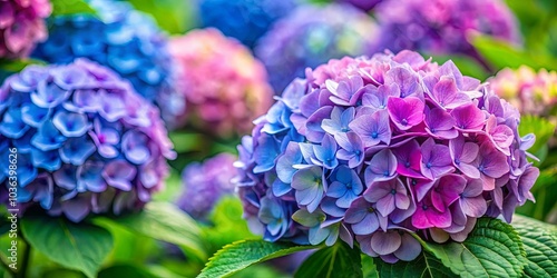 A symphony of vibrant hues, a vibrant hydrangea bloom unfurls, revealing intricate layers of delicate petals in shades of blue, purple, and pink, a testament to the beauty of nature's artistry.