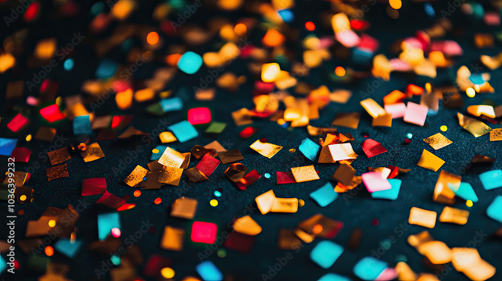 Obraz premium A close-up of colorful plastic confetti scattered across a party table, reflecting celebration and festive events with vibrant energy --chaos