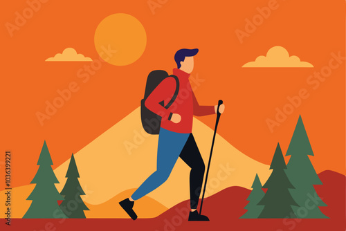 man hiking sport with sunset vector background