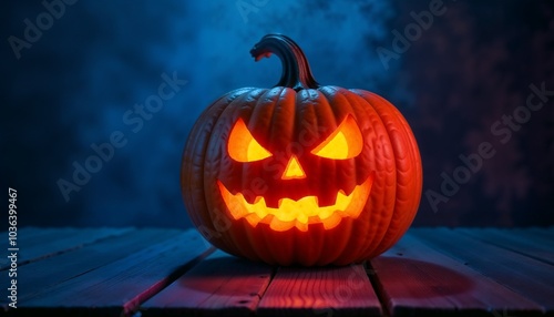 Spooky Halloween Jack-o'-Lantern with a Glowing Face, Placed on a Wooden Table, Creating a Creepy and Eerie Holiday Atmosphere. 