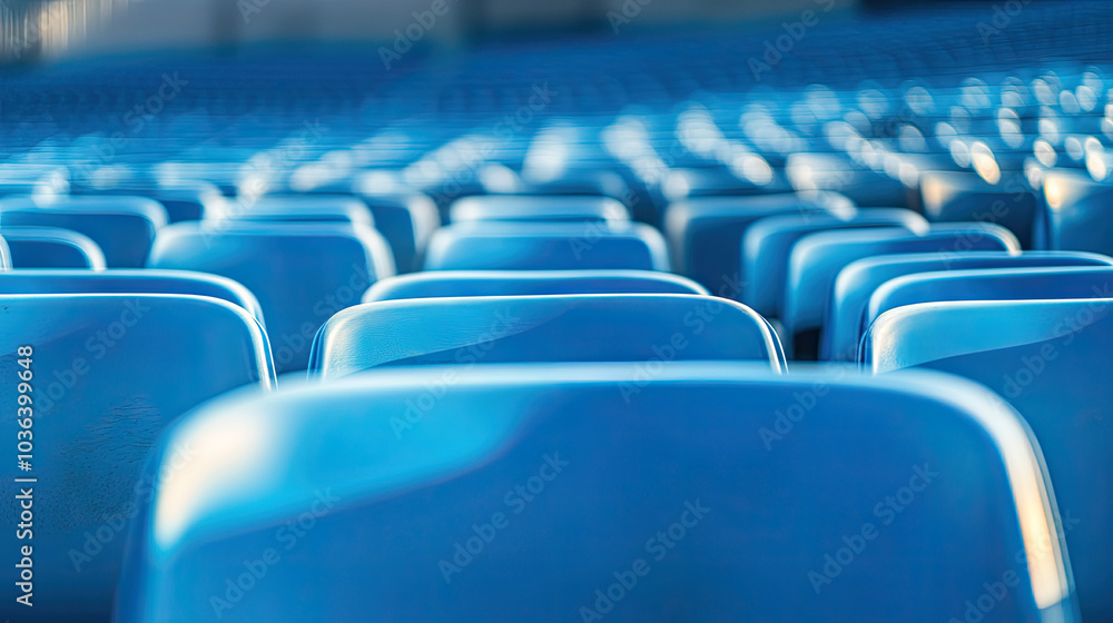 A close-up of empty plastic stadium chairs, the rows fading into the distance. The smooth, clean surface of the chairs reflects the quietness before the excitement of the game. A close-up of empty plastic stadium chairs, the rows fading into the distance. The smooth, clean surface of the chairs reflects the quietness before the excitement of the game.