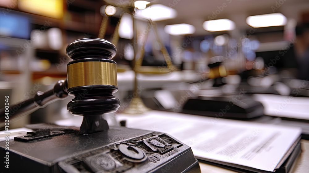 A close-up of legal documents being stamped in a law office, with a gavel and scales of justice in the background. --chaos A close-up of legal documents being stamped in a law office, with a gavel and scales of justice in the background. --chaos