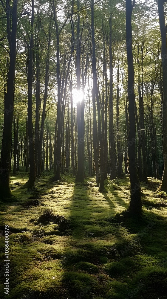 12. An enchanted forest with towering trees, dappled sunlight, and a carpet of moss 12. An enchanted forest with towering trees, dappled sunlight, and a carpet of moss