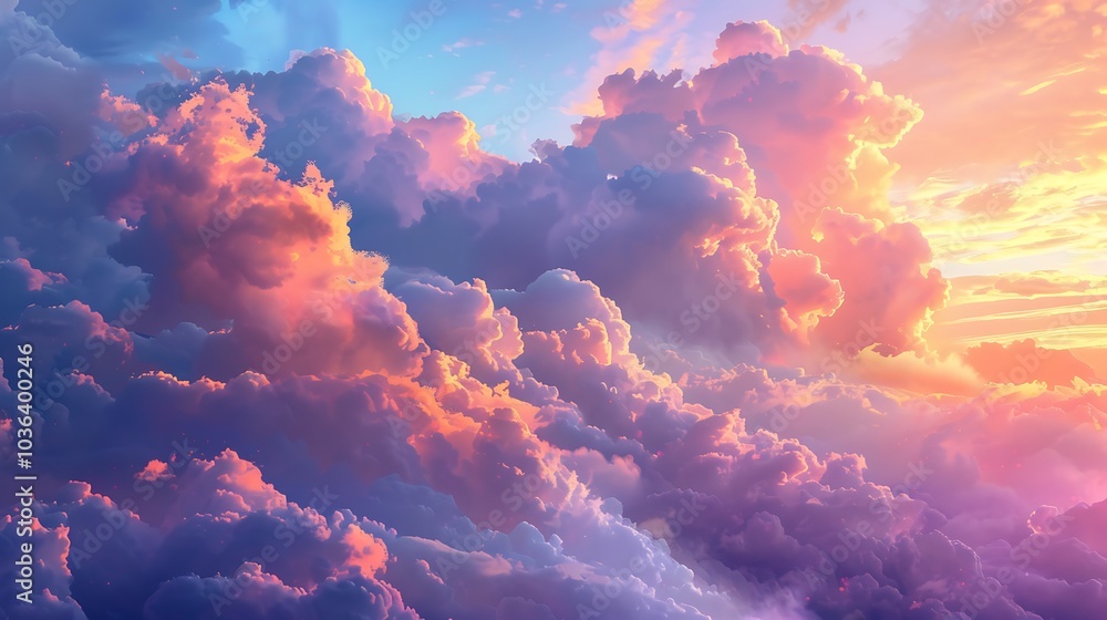 Fluffy clouds creating a soft barrier against a vibrant sunset. Fluffy clouds creating a soft barrier against a vibrant sunset.