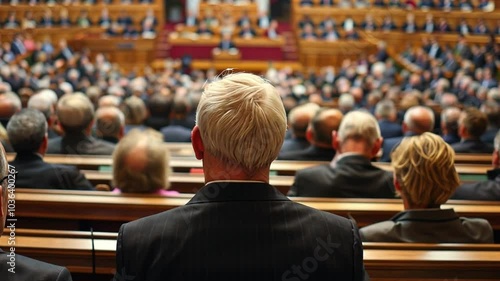Representatives gather in a formal parliamentary hall to engage in discussions and decision-making, showcasing the democratic process in action at a legislative assembly.