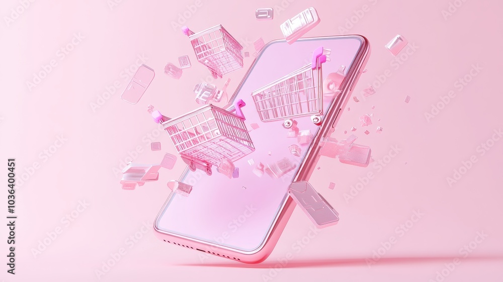 Abstract 3D model of a smartphone with exploding icons of shopping, discounts and digital payment solutions, pastel theme. Abstract 3D model of a smartphone with exploding icons of shopping, discounts and digital payment solutions, pastel theme.