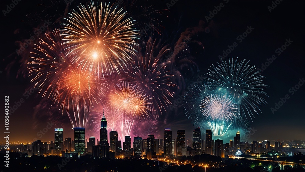 Naklejka premium Vibrant Night Skyline with Colorful Fireworks Display
