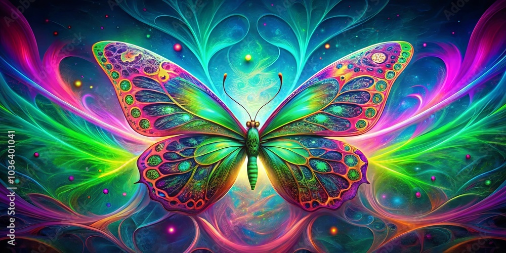 A vibrant butterfly with iridescent wings, a kaleidoscope of colors, soars through a swirling cosmic landscape of abstract patterns. A vibrant butterfly with iridescent wings, a kaleidoscope of colors, soars through a swirling cosmic landscape of abstract patterns.