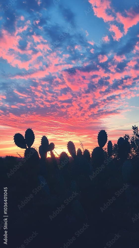 Fototapeta premium 27. A serene desert sunset with silhouetted cacti against a colorful sky