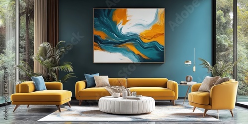 Wallpaper Mural modern luxurious living room, teal blue walls, large abstract artwork with orange and blue swirls, mustard yellow leather sofa, matching armchair, round ottoman, potted palm plant, floor-to-ceiling wi Torontodigital.ca
