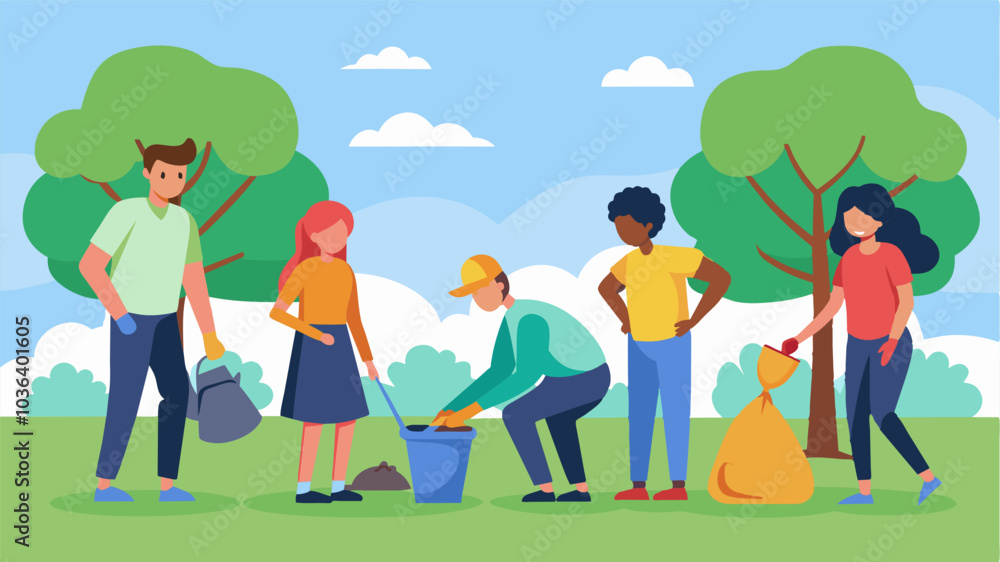 Fototapeta premium Regular park visitors were pleasantly surprised to see the cleanup effort and joined in to help creating a sense of camaraderie a strangers.. Vector illustration