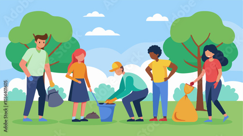 Regular park visitors were pleasantly surprised to see the cleanup effort and joined in to help creating a sense of camaraderie a strangers.. Vector illustration