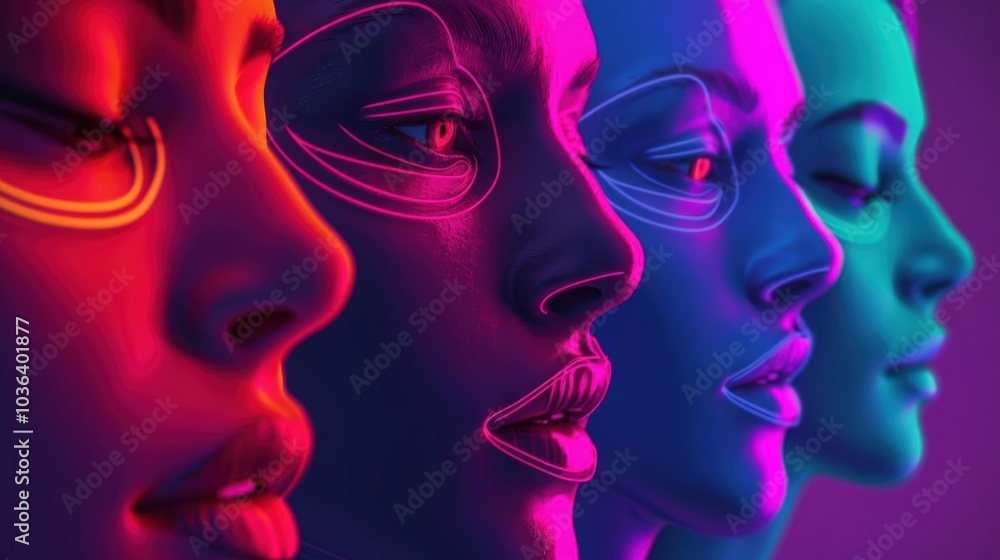 A Close-up Shot of a Diverse faces with abstract geometric patterns and neon accents A Close-up Shot of a Diverse faces with abstract geometric patterns and neon accents