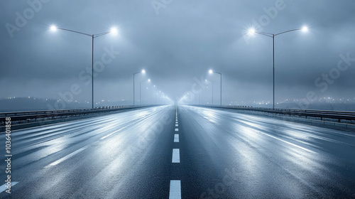 A deserted highway, softly lit by overhead streetlights, creates a calm atmosphere under a cloudy sky. The road's reflective surface gleams under the subtle light, suggesting a peaceful evening.