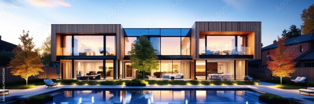 Modern luxury villa, contemporary architecture, wood and glass facade, cubic design, two-story house, large windows, evening lighting, manicured garden, landscape lighting, reflective pool, autumn tre Modern luxury villa, contemporary architecture, wood and glass facade, cubic design, two-story house, large windows, evening lighting, manicured garden, landscape lighting, reflective pool, autumn tre