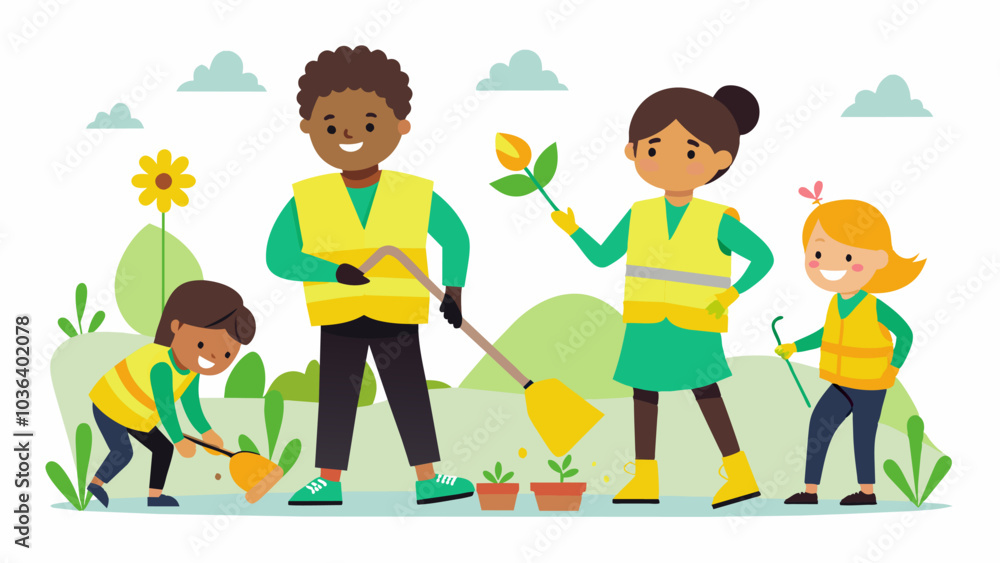 Smiling children and adults wearing bright yellow vests picking up litter and pulling weeds from the sidewalks and flower beds.. Vector illustration Smiling children and adults wearing bright yellow vests picking up litter and pulling weeds from the sidewalks and flower beds.. Vector illustration