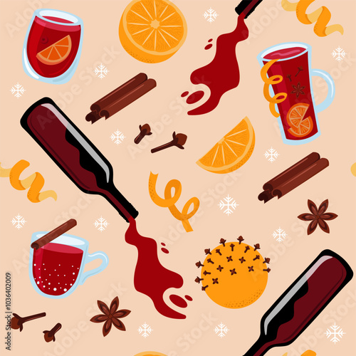 Mulled wine seamless pattern. Glasses of mulled wine, bottle with red wine, citrus fruits and spices. Vector print for packaging, fabric, wallpaper.