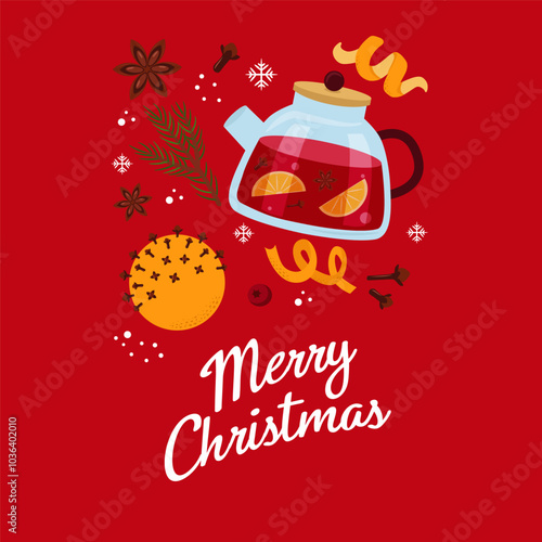 Stock vector Christmas card. Mulled wine, orange, spices, teapot on red background.