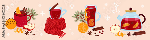 Mulled wine. Set of vector illustrations. Winter hot drink, orange, spices. Glass, mug, teapot. Compositions of cute design elements.
