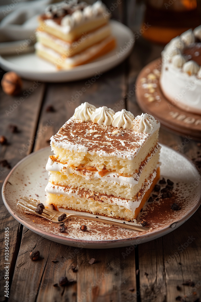  Three-layer sponge cake with white cream served on rustic wooden table