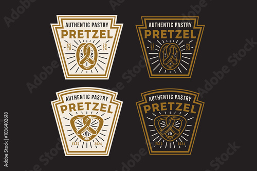 pretzel baked pastry with oval and triangle shape retro badge logo design for chef, kitchener and pastry cook. pretzel bread emblem logo collection for bakery and restaurant