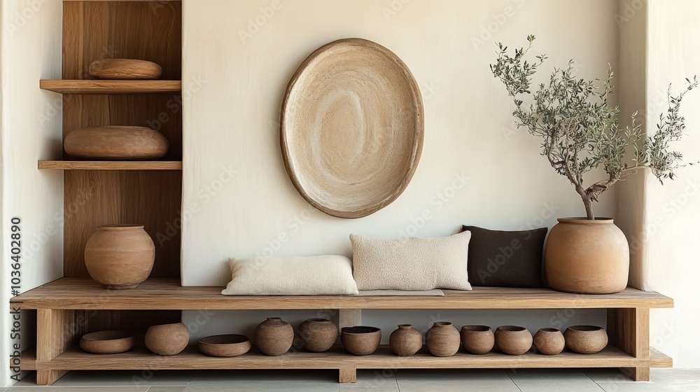 Minimalist interior, Japanese wabi-sabi style, natural textures, beige tones, wooden bench, ceramic vase, oval wall art, woven cushions, potted plant, earth tones, zen atmosphere, clean lines, organic Minimalist interior, Japanese wabi-sabi style, natural textures, beige tones, wooden bench, ceramic vase, oval wall art, woven cushions, potted plant, earth tones, zen atmosphere, clean lines, organic
