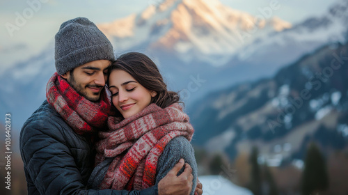 Content couple embracing warmly before a snow-covered mountain during sunset photo