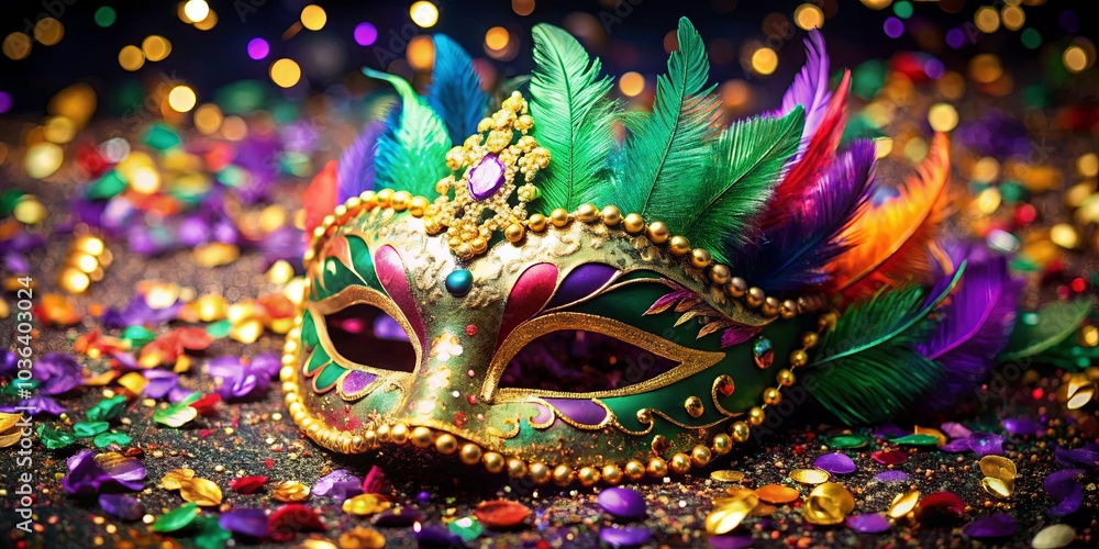 Fototapeta premium A jeweled mask adorned with colorful feathers rests on a bed of shimmering confetti, reflecting the twinkling lights of a festive celebration.