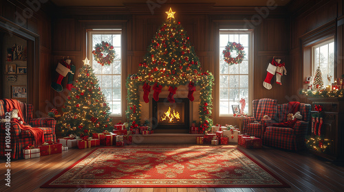 christmas, season, holiday, living room, snow, forest, christmas decoration, christmas tree, fir tree, decoration, ornament, stylish, modern, cool, luxury, night view, sunset, candle, fireplace, inter