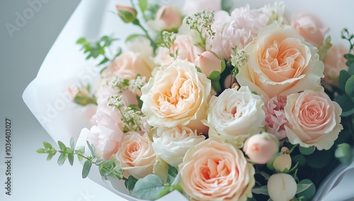 A bouquet of roses and peonies wrapped in white paper, with light pink peach flowers on the right side