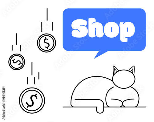 Sleeping cat with dollar coins falling from the top left and a blue speech bubble containing the word Shop. Ideal for online shopping pet-related businesses e-commerce financial themes advertising