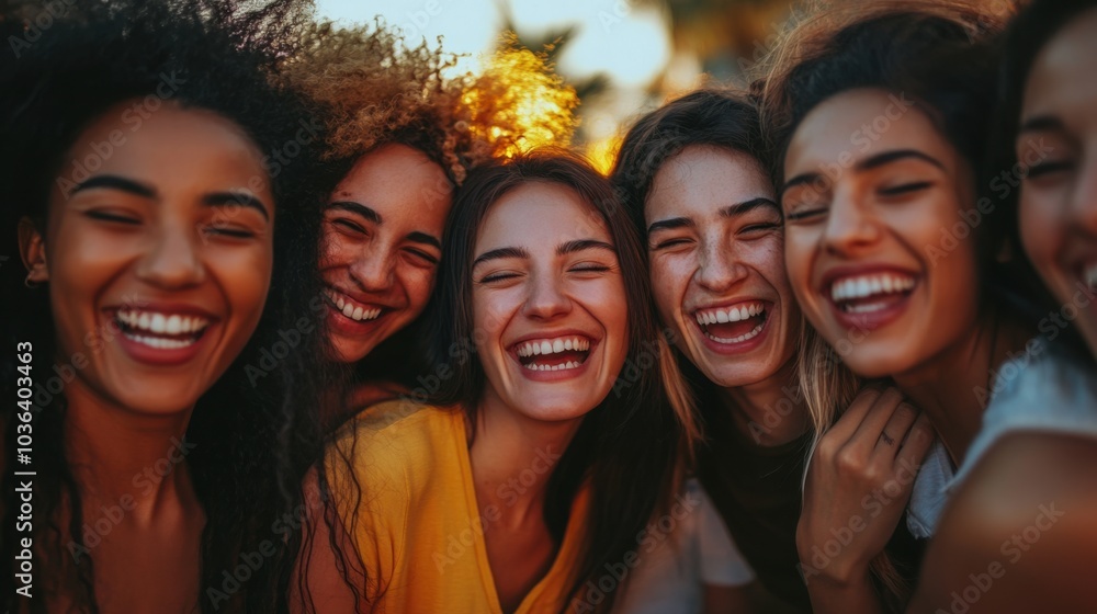 A group of friends laughing together in a casual outdoor setting, their faces glowing with excitement and joy A group of friends laughing together in a casual outdoor setting, their faces glowing with excitement and joy