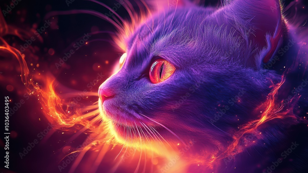Neon mesmerizing chaos cat, dynamic composition and dramatic lighting, neon purple, neon orange. High resolution for magazine. Full HD. Neon mesmerizing chaos cat, dynamic composition and dramatic lighting, neon purple, neon orange. High resolution for magazine. Full HD.