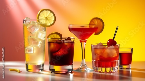 A row of summer tropical holiday cocktails on a bright background with hard directional sun shadow