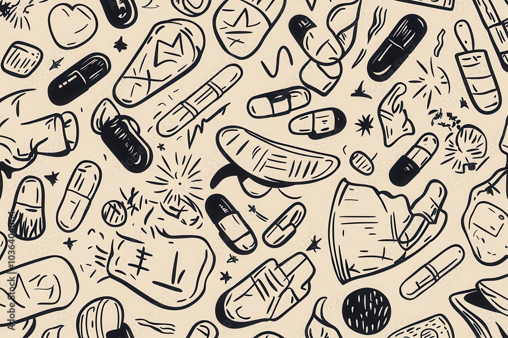 Seamless pattern of sketchy medical pills and capsules in a hand-drawn style on a beige background. Ideal for healthcare-themed designs. Seamless pattern of sketchy medical pills and capsules in a hand-drawn style on a beige background. Ideal for healthcare-themed designs.
