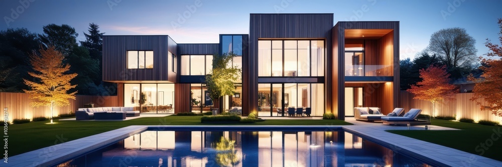 Modern luxury villa, contemporary architecture, wood and glass facade, cubic design, two-story house, large windows, evening lighting, manicured garden, landscape lighting, reflective pool, autumn tre Modern luxury villa, contemporary architecture, wood and glass facade, cubic design, two-story house, large windows, evening lighting, manicured garden, landscape lighting, reflective pool, autumn tre