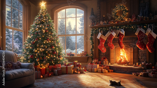 Wallpaper Mural christmas, season, holiday, living room, snow, forest, christmas decoration, christmas tree, fir tree, decoration, ornament, stylish, modern, cool, luxury, night view, sunset, candle, fireplace, inter Torontodigital.ca