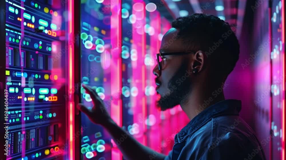 A technician inspects colorful server displays in a cutting-edge data center at night, demonstrating the intricacies of data management and technology innovation. A technician inspects colorful server displays in a cutting-edge data center at night, demonstrating the intricacies of data management and technology innovation.