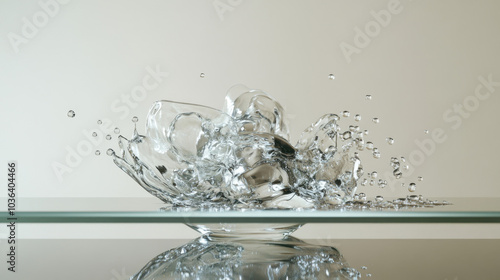 A glass knocked over on a glass table, with water forming droplets and thin streams as it spreads, showing the play of light and transparency --chaos