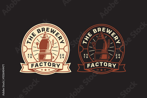 filtration, boiling, distillery brewing machine tank retro badge logo design for beer, crafting, brewer. tube and copper production beer emblem logo collection for brewery factory and industry