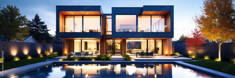 Modern luxury villa, contemporary architecture, wood and glass facade, cubic design, two-story house, large windows, evening lighting, manicured garden, landscape lighting, reflective pool, autumn tre Modern luxury villa, contemporary architecture, wood and glass facade, cubic design, two-story house, large windows, evening lighting, manicured garden, landscape lighting, reflective pool, autumn tre