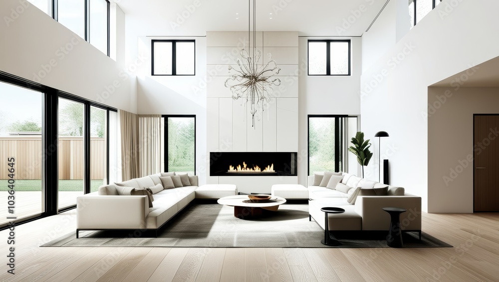 Minimalist luxurious living room, spacious interior, floor-to-ceiling windows, natural light, white walls, wooden flooring, modern white sectional sofa, abstract chandelier, contemporary fireplace, ne Minimalist luxurious living room, spacious interior, floor-to-ceiling windows, natural light, white walls, wooden flooring, modern white sectional sofa, abstract chandelier, contemporary fireplace, ne