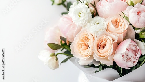 A bouquet of roses and peonies wrapped in white paper, with light pink peach flowers on the right side